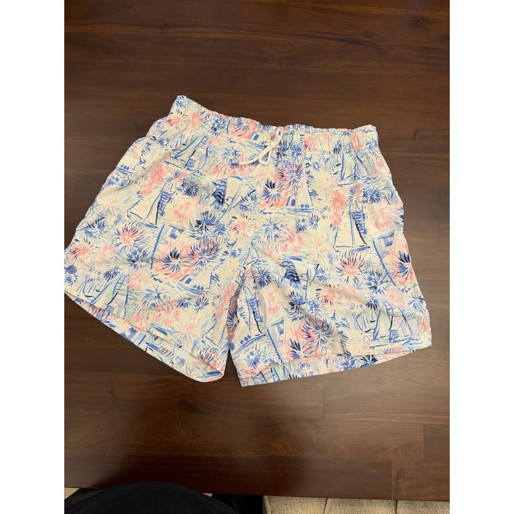 Men's Tropical Print Swim Trunks - Blue & Pink